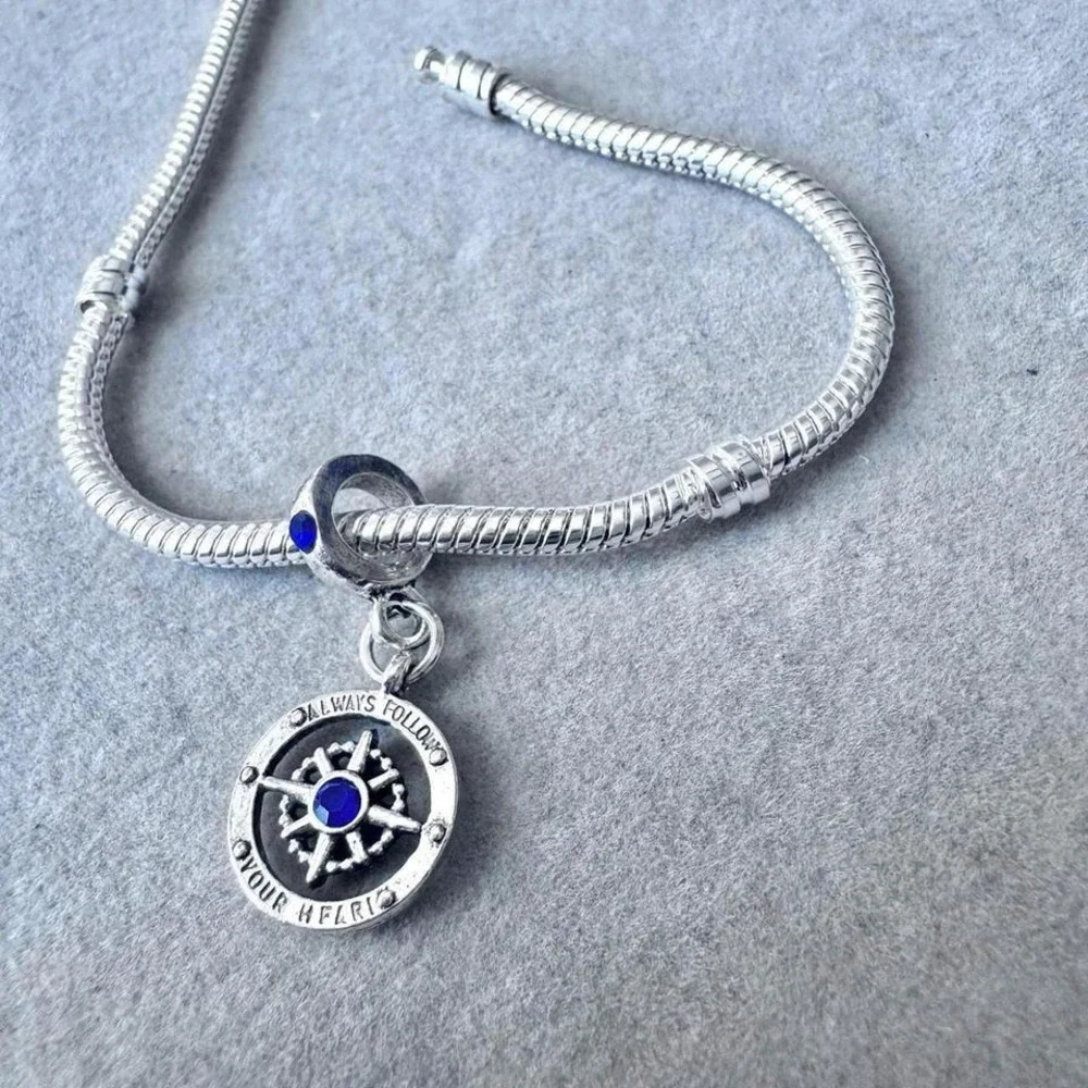 Compass Always Follow Your Heart Blue Crystal Dangle Charm fits PANDORA